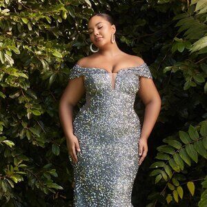 NEW LONG OFF THE SHOULDER SLEEVELESS MERMAID EMBROIDERED SEQUIN DRESS CD975C